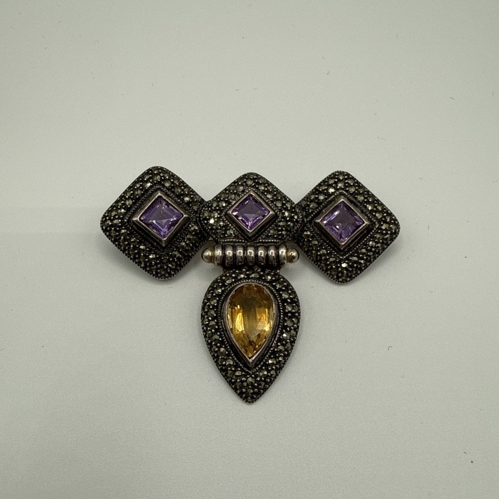 JUDITH JACK 925 Sterling Silver Vintage Amethyst Citrine Marcasite Gem Pendant